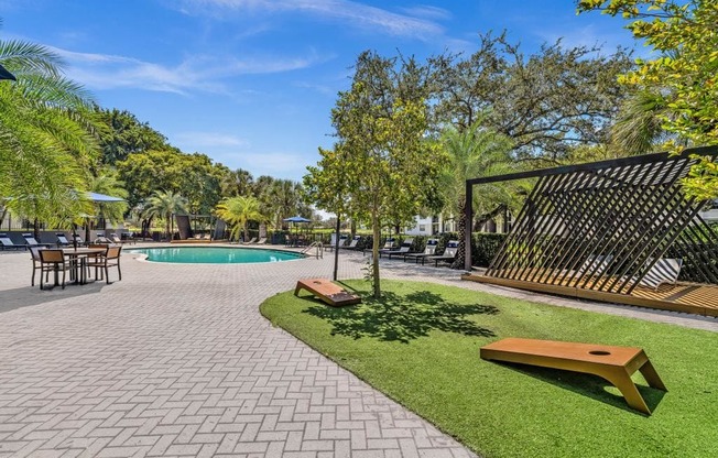 A sunny day at the poolside with a bench and a tree.