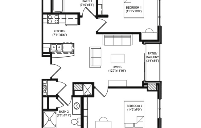2 beds, 2 baths, 830 sqft, $3,345, Unit 105
