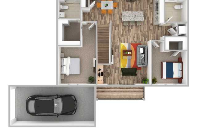 a floor plan of a house with a garage and a car