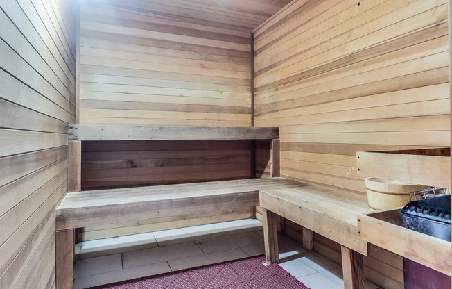 a wooden sauna with benches and a sink at Plantation Crossing, Louisiana, 70508
