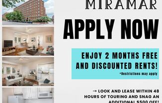 A promotional image for Miramar apartments offering a 2-month free lease and discounted rent.