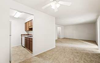 Open dining and living area in a 2-bedroom, 1-bath apartment at Briarwood Apartments, Columbus, IN.