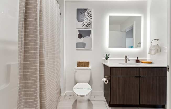 a bathroom with a white sink and toilet next to a bathtub with a shower curtain at Hydro, Richmond, VA