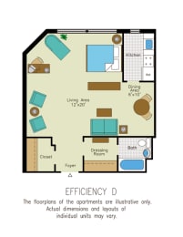 Studio, 1 bath, 520 sqft, $1,638