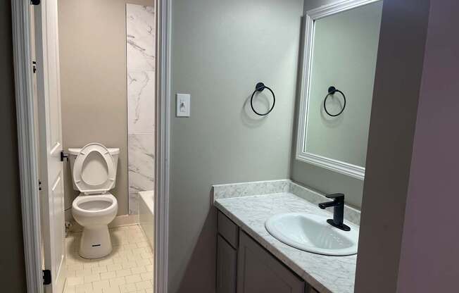 A white toilet is in a bathroom with a white sink.