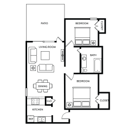 2 beds, 1 bath, 850 sqft, $1,342