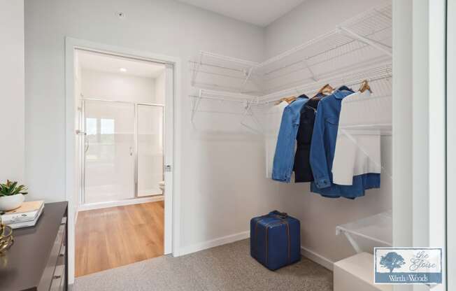 a walk in closet with a wardrobe and a blue suitcase