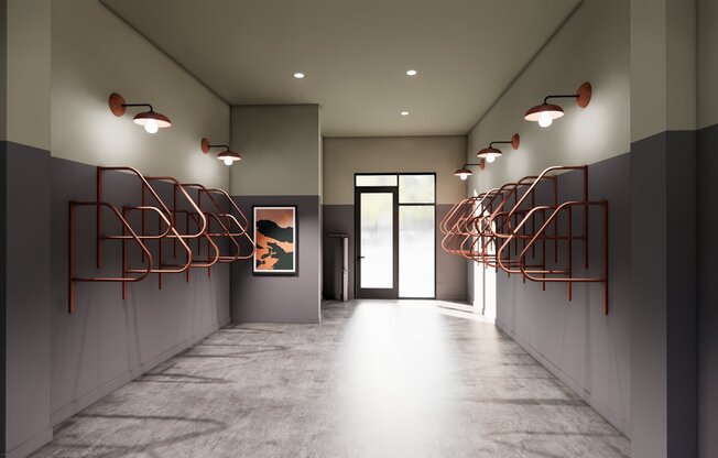 Bicycle-friendly community with dedicated storage area, repair, and wash station.