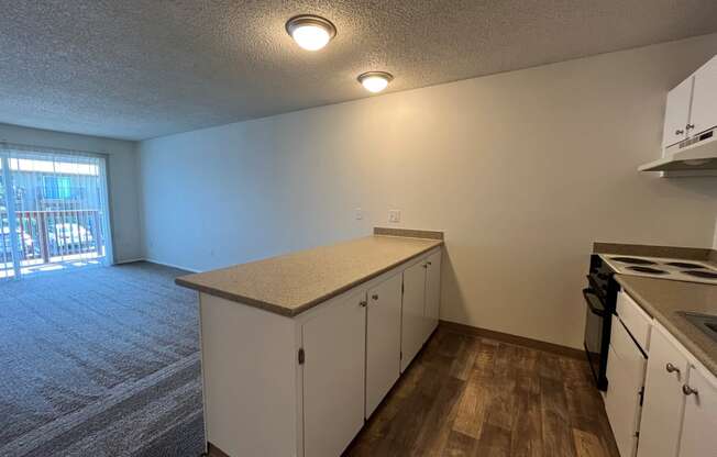 a kitchen and living room in an apartment