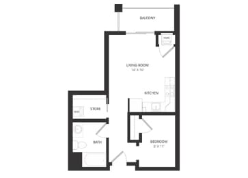 Studio, 1 bath, 524 sqft, $1,330