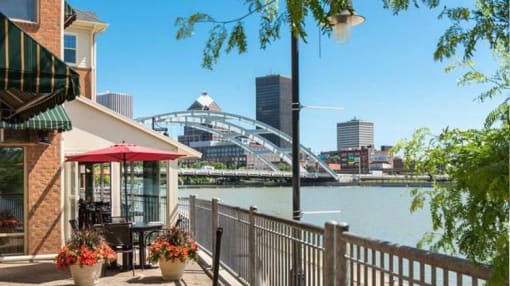 View from Leasing Office deck area towards restaurants, the Genesee River and downtown Rochester