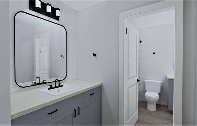 a bathroom with a mirror and a sink and a toilet