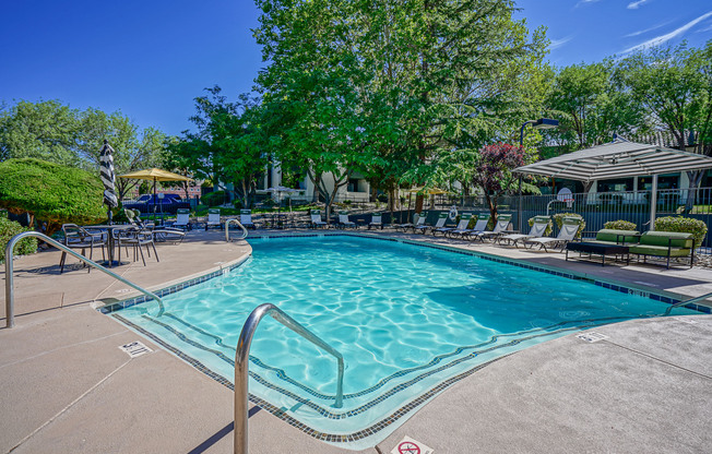 Swimming pool with resort-style furniture at Treehouse Apartments in Albuquerque, New Mexico