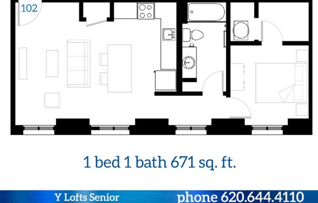 1 bed, 1 bath, 671 sqft, $920, Unit 102