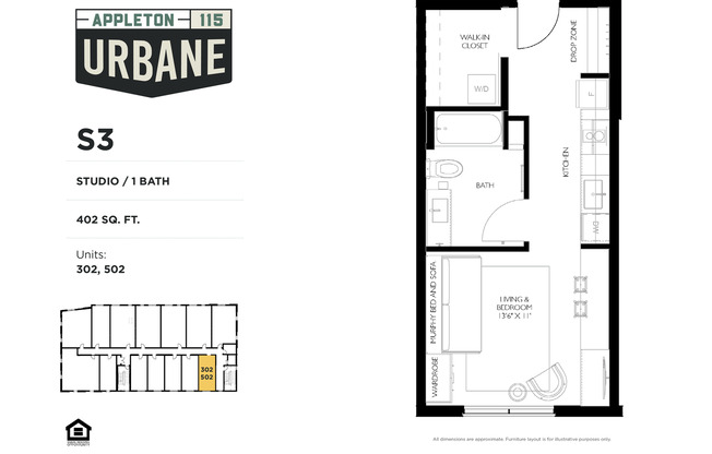 Studio, 1 bath, 402 sqft, $1,225, Unit 302
