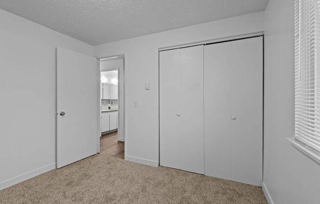 A white room with a carpeted floor and a sliding door.