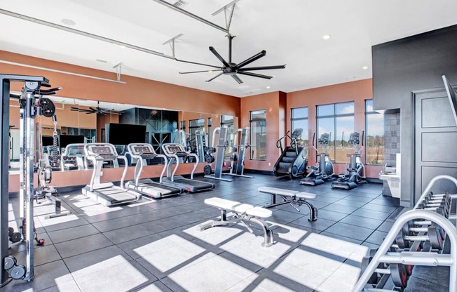 a gym with a lot of workout equipment and windows