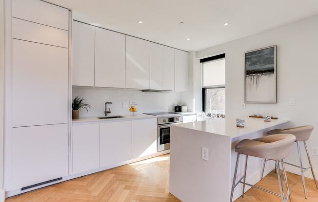 Newly renovated kitchen with Quartz countertops and an integrated fridge and dishwasher