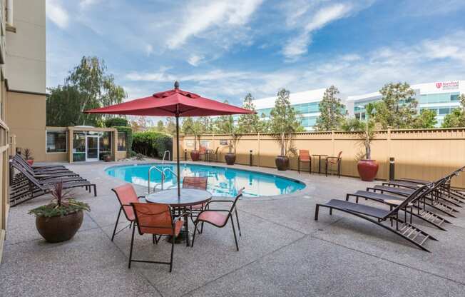 Studios in Redwood City, CA - Avenue Two - Heated Outdoor Pool with Lounge Chairs, Potted Palm Trees, and Fence at Avenue Two Apartments, California