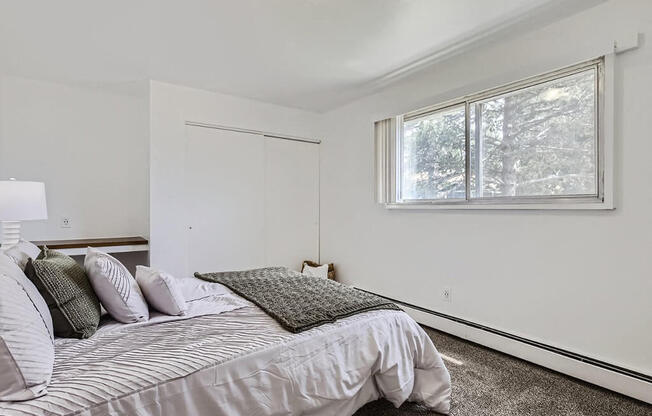 a bedroom with a bed and a window