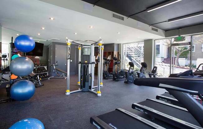 A gym with a variety of equipment including treadmills, exercise balls, and weight machines.