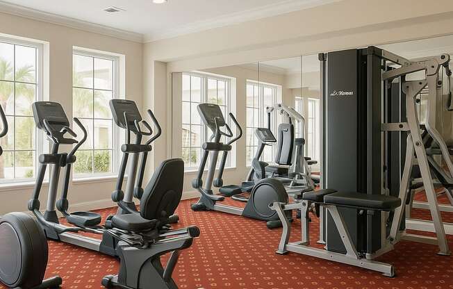A gym with a red carpet and various exercise machines.