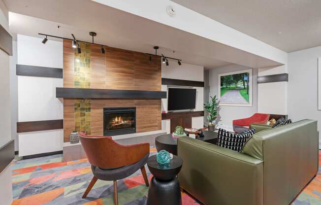 a living room with a fireplace and a couch