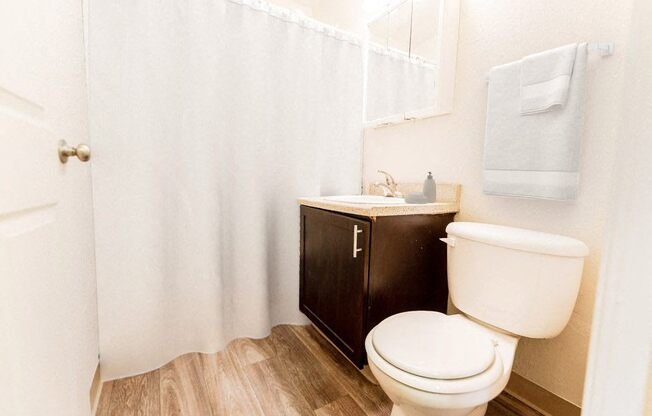 a bathroom with a toilet and a sink and a shower curtain