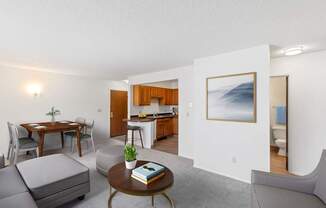 A living room with a grey sofa, a coffee table, a dining table with chairs, a kitchen area with a sink and a fridge, and a painting on the wall.