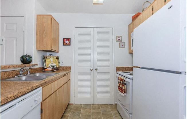 a kitchen with a white refrigerator and a sink at Riverview Springs, Oceanside, CA,92058