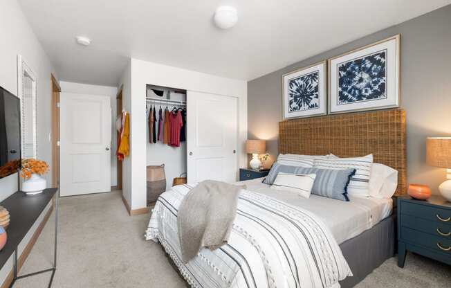 a bedroom with a bed and a closet