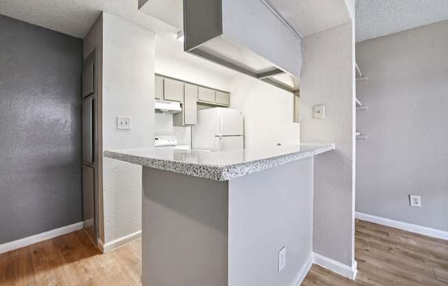 A kitchen with a counter and a stove top oven.