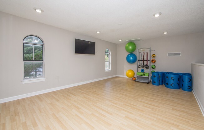 Yoga Exercise Gym amenities with medicine balls and flat screen TV at St. Croix Apartments in Virginia Beach VA