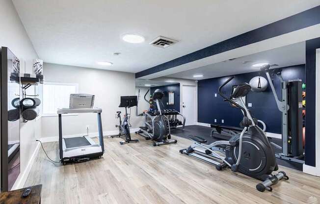 A gym with a variety of equipment including treadmills, stationary bikes, and weight machines.