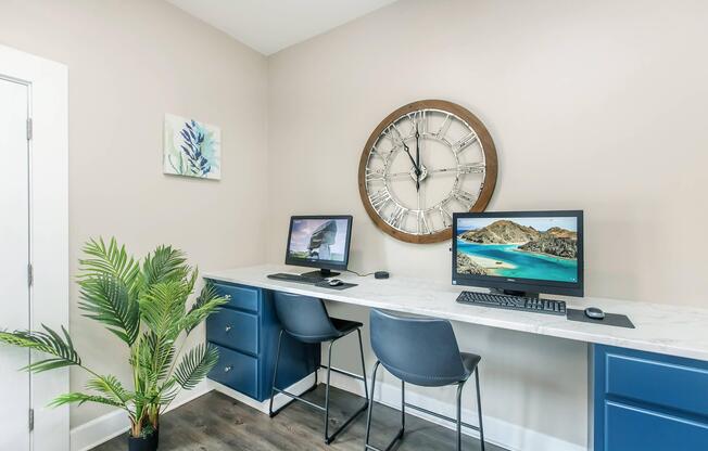 a living room with a clock on a table