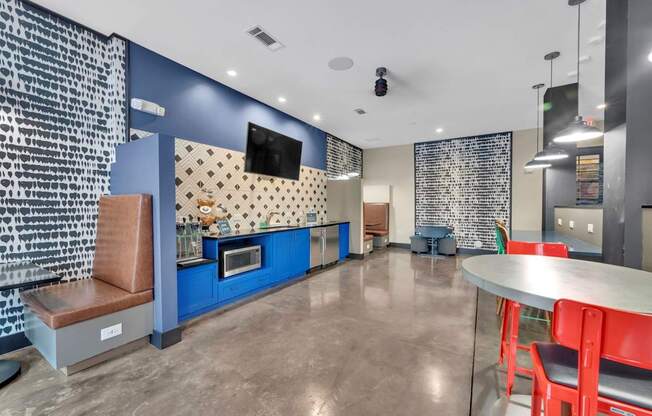 A modern kitchen with a blue accent wall and a patterned backsplash.