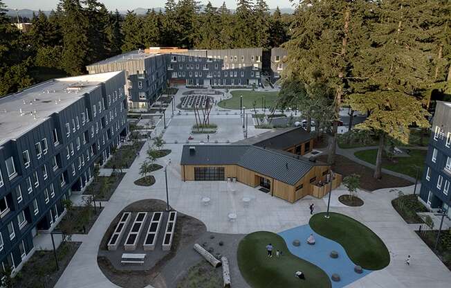 a view of the courtyard from the top of the building