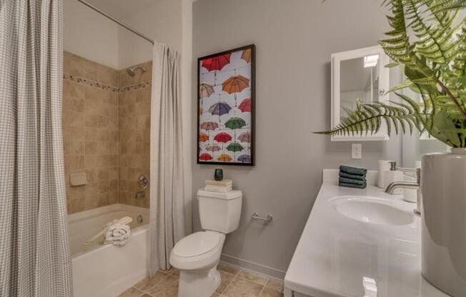 a bathroom with a toilet sink and shower at Flats at West Broad Village, Glen Allen, 23060