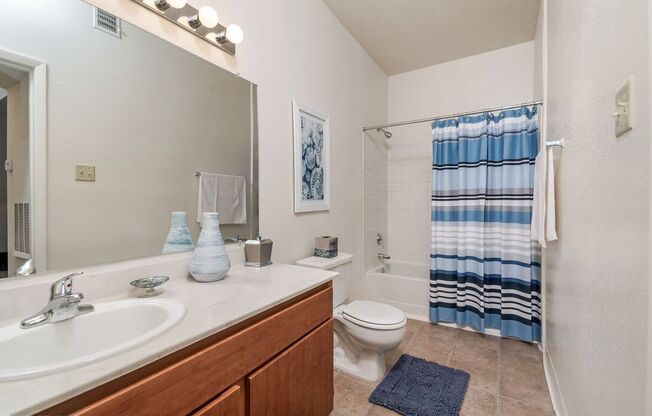 A bathroom with a blue and white shower curtain.