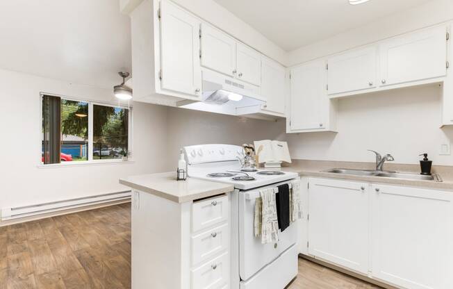 a kitchen with white cabinets and a stove and a window
