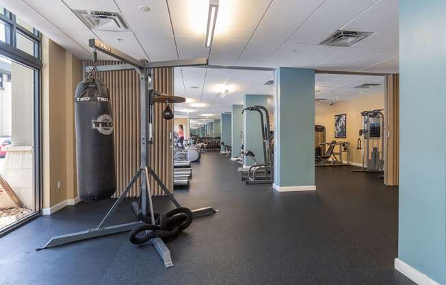Fitness center with hanging punching bag