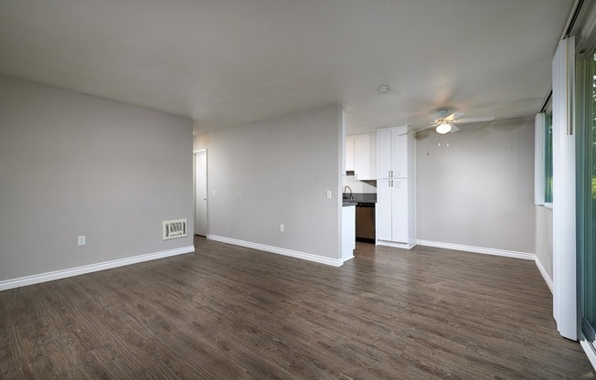 two bedroom downstairs living room, dining, and kitchen