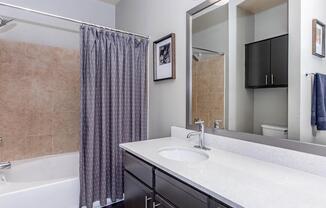 a double sink and large mirror