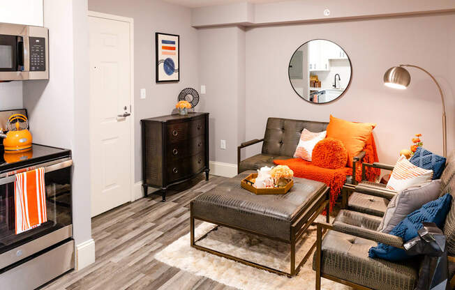 a living room with a couch and a coffee table