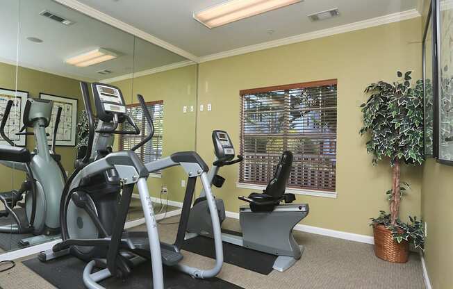 a gym with exercise equipment and a large window