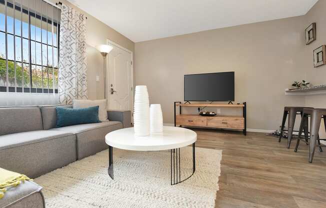 An apartment at The Oasis Daytona with a large window, wood-style floors, and model furnishings