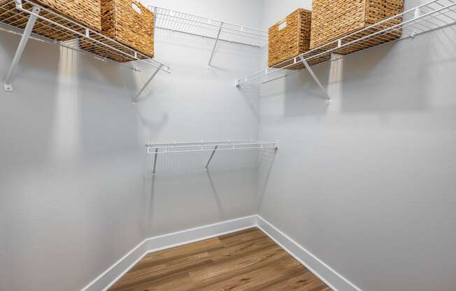 our spacious walk in closets are equipped with shelves and wire baskets at The Alibi at Lake Lilly, Ocoee, FL