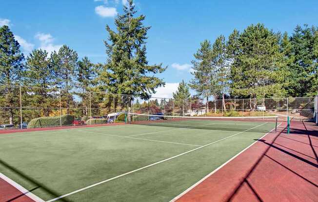 A well-maintained outdoor tennis court here at Andorra featuring a green playing surface with crisp white boundary lines, a centered net, and surrounding red-toned court edging, enclosed by tall fencing and framed by mature evergreen trees, landscaped greenery, and open blue skies, offering a scenic space for recreation and friendly matches.