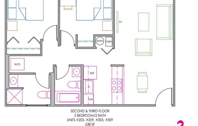 Studio, 2 baths, 696 sqft, $840