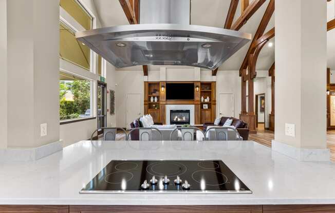 a kitchen with a stove and a fireplace